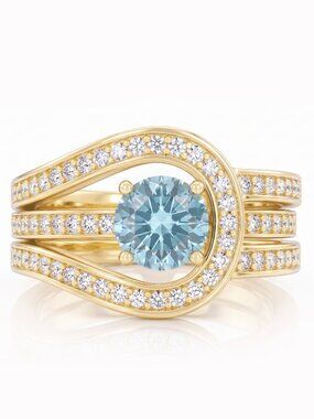 Aquamarine Blue & Teal  Gold Ring Set, 925 Sterling Silver finished in 10k gold
